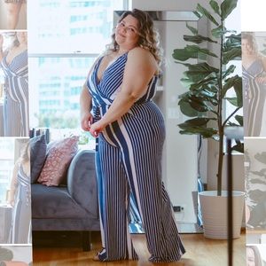 Navy Striped Stretchy Jumpsuit